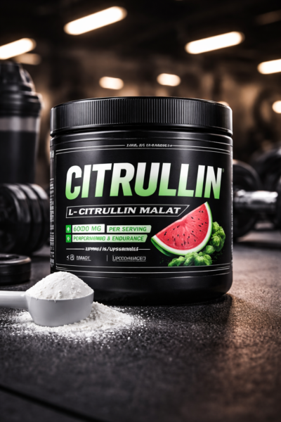 Proteinpulver mit L-Citrullin Malat in einem schwarzen Beh&auml;lter auf einem Tisch im Fitnessstudio, mit einem L&ouml;ffel neben dem Pulver.