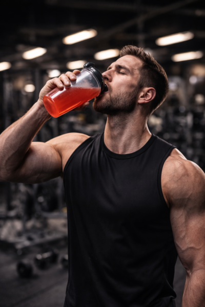 Ein muskul&ouml;ser Mann in einem schwarzen Tanktop trinkt aus einem Shaker mit rotem Getr&auml;nk im Fitnessstudio.